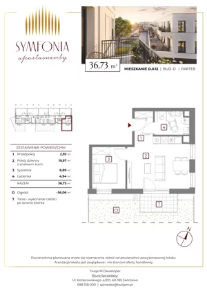 2 pokoje, mieszkanie 37,33 m², piętro 1, oferta nr D.1.16, Apartamenty Symfonia etap 2, Skórzewo, ul. Mozarta 2