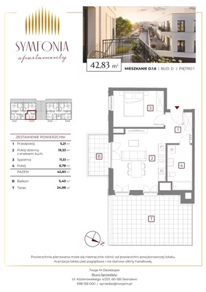 2 pokoje, mieszkanie 42,83 m², piętro 1, oferta nr D.1.6, Apartamenty Symfonia etap 2, Skórzewo, ul. Mozarta 2