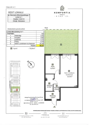 2 pokoje, mieszkanie 42,31 m², parter, oferta nr 14-1, Komfortia, Skórzewo, ul. Chopina