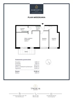 3 pokoje, mieszkanie 63,90 m², piętro 2, oferta nr 15, Komfortia, Skórzewo, ul. Chopina