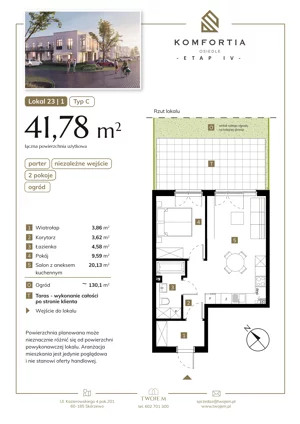2 pokoje, mieszkanie 41,78 m², parter, oferta nr 23-1, Komfortia, Skórzewo, ul. Chopina