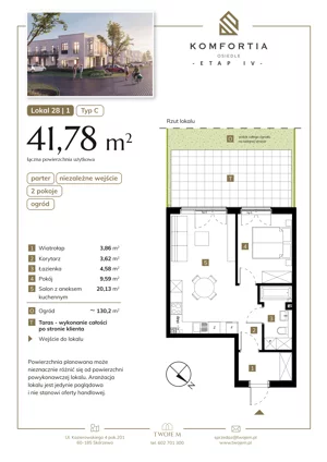 2 pokoje, mieszkanie 41,78 m², parter, oferta nr 28-1, Komfortia, Skórzewo, ul. Chopina