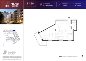 3 pokoje, mieszkanie 62,29 m², piętro 1, oferta nr B.1.39, Piano Forte, Łódź, Śródmieście, ul. Stefana Jaracza 57