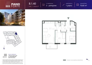 3 pokoje, mieszkanie 70,62 m², piętro 1, oferta nr B.1.40, Piano Forte, Łódź, Śródmieście, ul. Stefana Jaracza 57