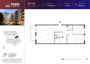 4 pokoje, mieszkanie 89,89 m², piętro 1, oferta nr B.1.42, Piano Forte, Łódź, Śródmieście, ul. Stefana Jaracza 57