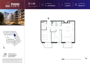 3 pokoje, mieszkanie 69,65 m², piętro 1, oferta nr B.1.44, Piano Forte, Łódź, Śródmieście, ul. Stefana Jaracza 57