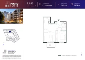 3 pokoje, mieszkanie 56,54 m², piętro 1, oferta nr B.1.46, Piano Forte, Łódź, Śródmieście, ul. Stefana Jaracza 57