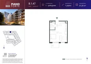 1 pokój, mieszkanie 37,30 m², piętro 1, oferta nr B.1.47, Piano Forte, Łódź, Śródmieście, ul. Stefana Jaracza 57