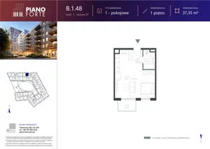 1 pokój, mieszkanie 37,35 m², piętro 1, oferta nr B.1.48, Piano Forte, Łódź, Śródmieście, ul. Stefana Jaracza 57
