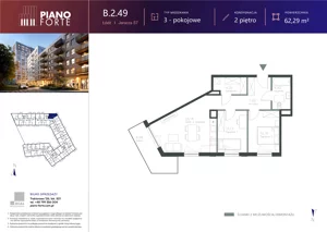 3 pokoje, mieszkanie 62,29 m², piętro 2, oferta nr B.2.49, Piano Forte, Łódź, Śródmieście, ul. Stefana Jaracza 57