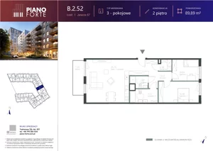 4 pokoje, mieszkanie 89,89 m², piętro 2, oferta nr B.2.52, Piano Forte, Łódź, Śródmieście, ul. Stefana Jaracza 57