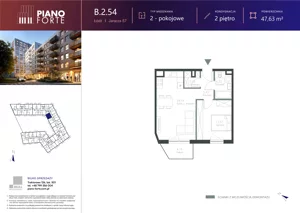 2 pokoje, mieszkanie 47,64 m², piętro 2, oferta nr B.2.54, Piano Forte, Łódź, Śródmieście, ul. Stefana Jaracza 57
