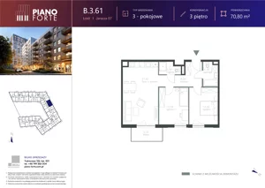 3 pokoje, mieszkanie 70,80 m², piętro 3, oferta nr B.3.61, Piano Forte, Łódź, Śródmieście, ul. Stefana Jaracza 57