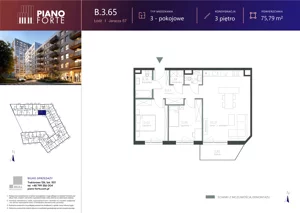 3 pokoje, mieszkanie 75,81 m², piętro 3, oferta nr B.3.65, Piano Forte, Łódź, Śródmieście, ul. Stefana Jaracza 57