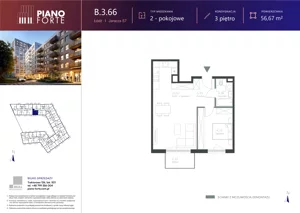 3 pokoje, mieszkanie 56,67 m², piętro 3, oferta nr B.3.66, Piano Forte, Łódź, Śródmieście, ul. Stefana Jaracza 57