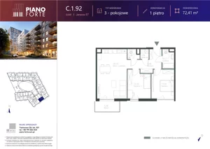 3 pokoje, mieszkanie 72,41 m², piętro 1, oferta nr C.1.92, Piano Forte, Łódź, Śródmieście, ul. Stefana Jaracza 57