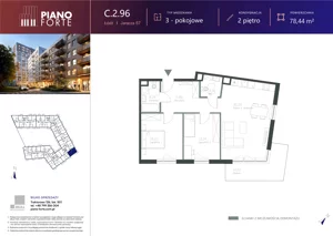 3 pokoje, mieszkanie 78,46 m², piętro 2, oferta nr C.2.96, Piano Forte, Łódź, Śródmieście, ul. Stefana Jaracza 57
