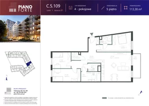4 pokoje, mieszkanie 113,39 m², piętro 5, oferta nr C.5.109, Piano Forte, Łódź, Śródmieście, ul. Stefana Jaracza 57