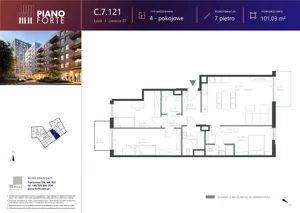 4 pokoje, mieszkanie 100,99 m², piętro 7, oferta nr C.7.121, Piano Forte, Łódź, Śródmieście, ul. Stefana Jaracza 57