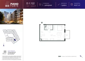1 pokój, mieszkanie 44,61 m², piętro 1, oferta nr D.1.122, Piano Forte, Łódź, Śródmieście, ul. Stefana Jaracza 57
