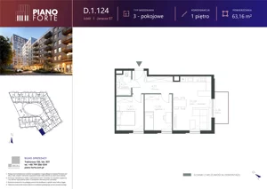 3 pokoje, mieszkanie 63,17 m², piętro 1, oferta nr D.1.124, Piano Forte, Łódź, Śródmieście, ul. Stefana Jaracza 57