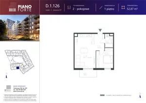 2 pokoje, mieszkanie 52,87 m², piętro 1, oferta nr D.1.126, Piano Forte, Łódź, Śródmieście, ul. Stefana Jaracza 57