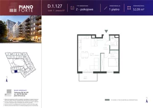2 pokoje, mieszkanie 52,09 m², piętro 1, oferta nr D.1.127, Piano Forte, Łódź, Śródmieście, ul. Stefana Jaracza 57