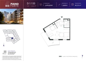 1 pokój, mieszkanie 46,34 m², piętro 1, oferta nr D.1.133, Piano Forte, Łódź, Śródmieście, ul. Stefana Jaracza 57