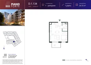 1 pokój, mieszkanie 34,10 m², piętro 1, oferta nr D.1.134, Piano Forte, Łódź, Śródmieście, ul. Stefana Jaracza 57