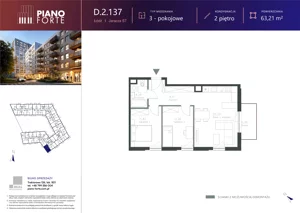 3 pokoje, mieszkanie 63,22 m², piętro 2, oferta nr D.2.137, Piano Forte, Łódź, Śródmieście, ul. Stefana Jaracza 57