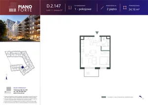 1 pokój, mieszkanie 34,16 m², piętro 2, oferta nr D.2.147, Piano Forte, Łódź, Śródmieście, ul. Stefana Jaracza 57