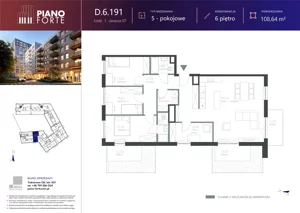 5 pokoi, mieszkanie 108,65 m², piętro 6, oferta nr D.6.191, Piano Forte, Łódź, Śródmieście, ul. Stefana Jaracza 57