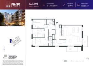 5 pokoi, mieszkanie 108,65 m², piętro 7, oferta nr D.7.198, Piano Forte, Łódź, Śródmieście, ul. Stefana Jaracza 57