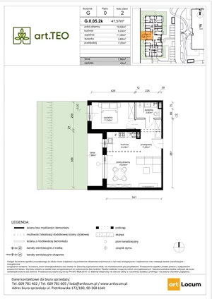 2 pokoje, mieszkanie 47,57 m², parter, oferta nr G.0.05.2k, art.TEO - bud. G, H, Łódź, Polesie, Teofilów, ul. Kaczeńcowa