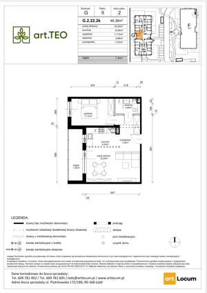 2 pokoje, mieszkanie 48,38 m², piętro 2, oferta nr G.2.22.2k, art.TEO - bud. G, H, Łódź, Polesie, Teofilów, ul. Kaczeńcowa