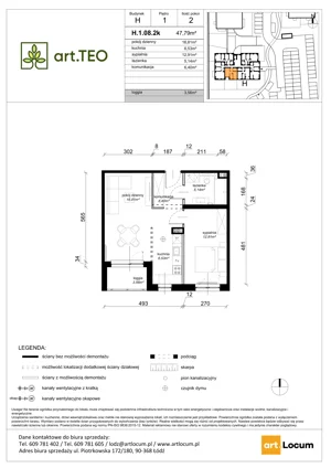 2 pokoje, mieszkanie 47,79 m², piętro 1, oferta nr H.1.08.2k, art.TEO - bud. G, H, Łódź, Polesie, Teofilów, ul. Kaczeńcowa
