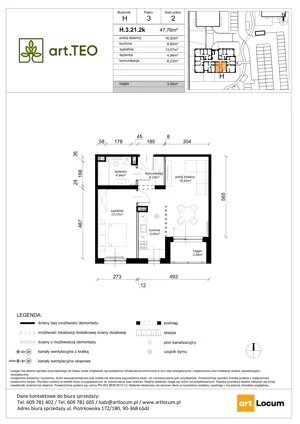 2 pokoje, mieszkanie 47,76 m², piętro 3, oferta nr H.3.21.2k, art.TEO - bud. G, H, Łódź, Polesie, Teofilów, ul. Kaczeńcowa