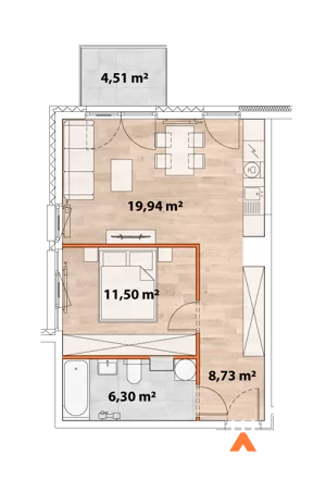 2 pokoje, mieszkanie 46,16 m², piętro 2, oferta nr 43/POR-B.02.03, Apartamenty Portowa, Kraków, Podgórze, Zabłocie, ul. Portowa 43