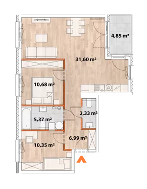 3 pokoje, mieszkanie 66,95 m², piętro 2, oferta nr 43/POR-B.02.04, Apartamenty Portowa, Kraków, Podgórze, Zabłocie, ul. Portowa 43