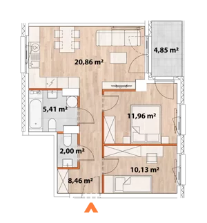 3 pokoje, mieszkanie 58,50 m², piętro 5, oferta nr 43/POR-B.05.01, Apartamenty Portowa, Kraków, Podgórze, Zabłocie, ul. Portowa 43