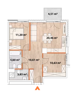 3 pokoje, mieszkanie 60,96 m², piętro 3, oferta nr 43/POR-B.03.02, Apartamenty Portowa, Kraków, Podgórze, Zabłocie, ul. Portowa 43