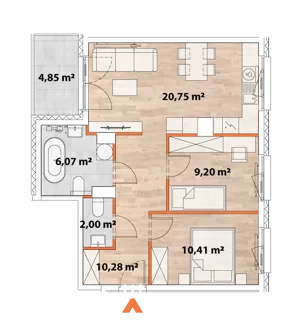 3 pokoje, mieszkanie 58,34 m², piętro 2, oferta nr 43/POR-B.02.01, Apartamenty Portowa, Kraków, Podgórze, Zabłocie, ul. Portowa 43