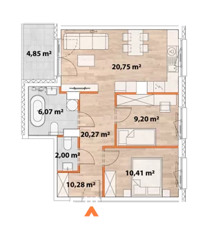 3 pokoje, mieszkanie 58,24 m², piętro 1, oferta nr 43/POR-B.01.01, Apartamenty Portowa, Kraków, Podgórze, Zabłocie, ul. Portowa 43