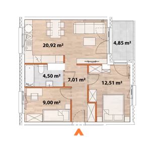 3 pokoje, mieszkanie 53,68 m², piętro 1, oferta nr 43/POR-A.01.07, Apartamenty Portowa, Kraków, Podgórze, Zabłocie, ul. Portowa 43