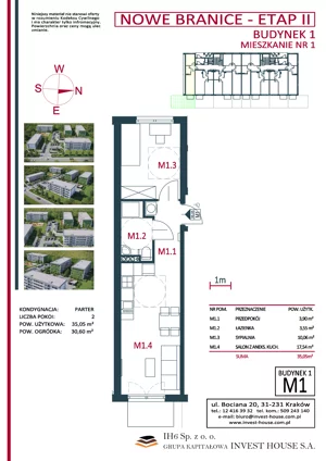 2 pokoje, mieszkanie 35,06 m², parter, oferta nr B1-M1, Nowe Branice – Etap II, Kraków, Nowa Huta, Branice, ul. Szymańskiego
