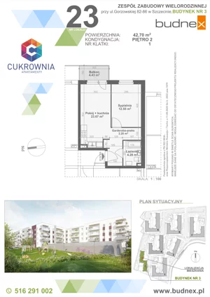 2 pokoje, mieszkanie 42,70 m², piętro 2, oferta nr 1/M23, Cukrownia Apartamenty - Etap IV, Szczecin, Zachód, Gumieńce, ul. Floriana Krygiera