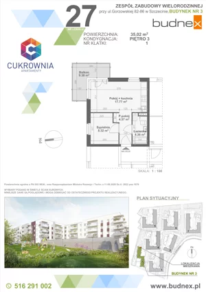 2 pokoje, mieszkanie 35,02 m², piętro 3, oferta nr 1/M27, Cukrownia Apartamenty - Etap IV, Szczecin, Zachód, Gumieńce, ul. Floriana Krygiera