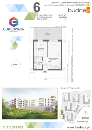 2 pokoje, mieszkanie 36,85 m², parter, oferta nr 1/M6, Cukrownia Apartamenty - Etap IV, Szczecin, Zachód, Gumieńce, ul. Floriana Krygiera