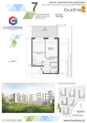 2 pokoje, mieszkanie 42,70 m², parter, oferta nr 1/M7, Cukrownia Apartamenty - Etap IV, Szczecin, Zachód, Gumieńce, ul. Floriana Krygiera