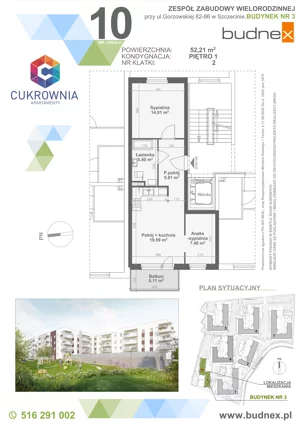 3 pokoje, mieszkanie 52,21 m², piętro 1, oferta nr 2/M10, Cukrownia Apartamenty - Etap IV, Szczecin, Zachód, Gumieńce, ul. Floriana Krygiera